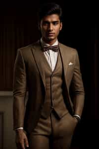 handsome and stylish man wearing a trendy tweed suit with a patterned bow tie and a contrasting vest