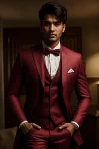 handsome and stylish man trying on a stylish three-piece suit in a rich burgundy color with a crisp white shirt and a paisley patterned pocket square