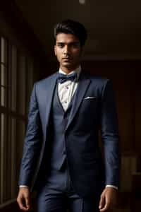 handsome and stylish man showcasing a unique windowpane check suit in a navy blue color with a patterned shirt and a contrasting bow tie