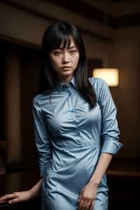 woman showcasing a modern slim-fit charcoal with a light blue dress shirt and a contrasting pocket square