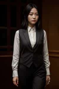woman trying on a sophisticated pinstripe suit with a waistcoat and a burgundy tie
