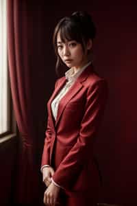 woman trying on a stylish three-piece suit in a rich burgundy color with a crisp white shirt and a paisley patterned pocket square