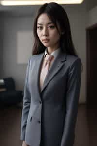woman wearing a classic navy herringbone suit with a light pink dress shirt and a polka dot tie