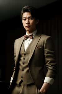 handsome and stylish man wearing a trendy tweed suit with a patterned bow tie and a contrasting vest
