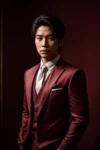 handsome and stylish man trying on a stylish three-piece suit in a rich burgundy color with a crisp white shirt and a paisley patterned pocket square