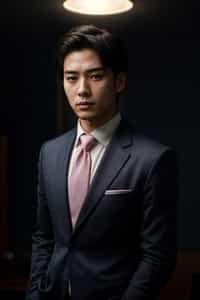 handsome and stylish man wearing a classic navy herringbone suit with a light pink dress shirt and a polka dot tie