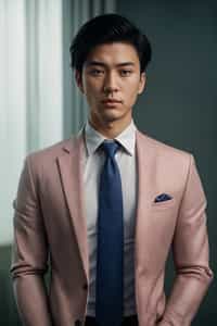 handsome and stylish man wearing a classic navy herringbone suit with a light pink dress shirt and a polka dot tie