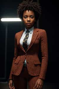 woman showcasing a dappersuit in a bold plaid pattern with a solid-colored shirt and a knitted tie