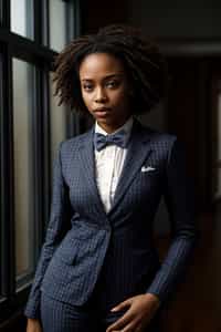 woman showcasing a unique windowpane check suit in a navy blue color with a patterned shirt and a contrasting bow tie