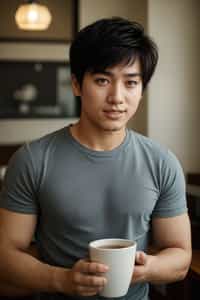 an attractive masculine  man with a captivating smile, holding a cup of coffee in a cozy cafe