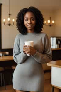 an attractive  feminine woman with a captivating smile, holding a cup of coffee in a cozy cafe