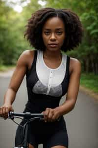 a stylish  feminine woman enjoying a leisurely bike ride along a scenic path
