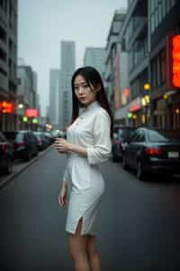 a confident  feminine woman dressed in stylish attire, striking a pose in a trendy urban setting