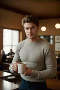 an attractive masculine  man with a captivating smile, holding a cup of coffee in a cozy cafe