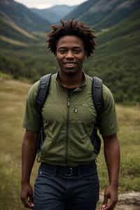 smiling masculine  man in going hiking outdoors in mountains