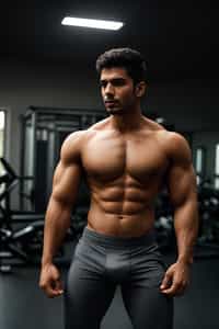 masculine  man wearing yoga pants or shorts and sports top in the fitness gym working out. dramatic lighting highly detailed