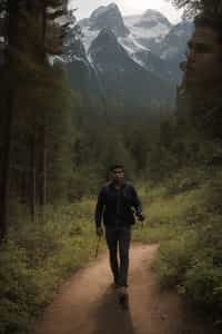 an adventurous masculine  man hiking in the mountains, enjoying the beauty of nature and the sense of adventure