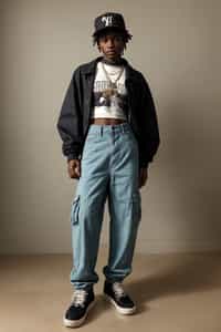 man wearing Y2K aesthetic, 2000s fashion, aughts style, noughties style, grunge or 2000s style, oversized washed out style, baggy pants, low rise pants or cargo pants, crop top, Choker, Metallic, iridescent fabrics, posing for photo