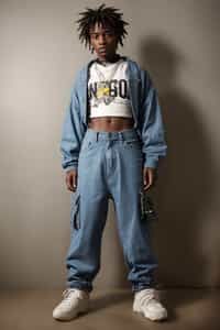 man wearing Y2K aesthetic, 2000s fashion, aughts style, noughties style, grunge or 2000s style, oversized washed out style, baggy pants, low rise pants or cargo pants, crop top, Choker, Metallic, iridescent fabrics, posing for photo