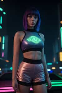 woman wearing holographic crop top and digital shorts  in a neon-lit Bladerunner-inspired cityscape