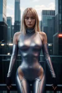 woman wearing holographic bodycon dress  in a cybernetic cityscape
