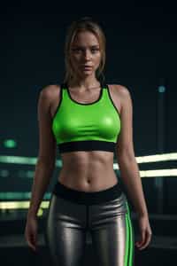 woman wearing sporty neon crop top  and holographic joggers in a dystopian digital cityscape