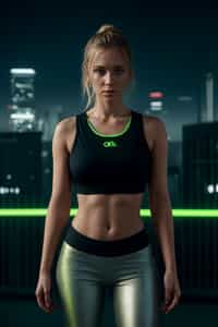 woman wearing sporty neon crop top  and holographic joggers in a dystopian digital cityscape