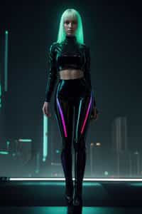 woman wearing sleek leather pants with neon highlights and holographic top in a Bladerunner-inspired cityscape