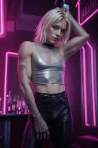 man with platinum blonde hair, in neon bar, cyberpunk, pink latex crop top, professional award winning photography, beautiful detailed eyes, highly detailed glossy eyes, high detailed skin, skin pores