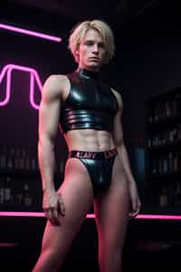 man with platinum blonde hair, in neon bar, cyberpunk, pink latex crop top, professional award winning photography, beautiful detailed eyes, highly detailed glossy eyes, high detailed skin, skin pores