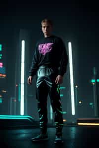 man wearing  holographic t-shirt and cybernetic trousers in a neon-lit Bladerunner-inspired cityscape