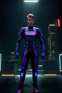 man wearing  holographic nightclub outfit in a cybernetic cityscape