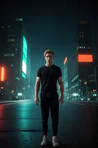 man wearing sporty neon  t-shirt and holographic joggers in a dystopian digital cityscape