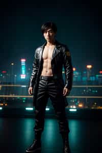 cosplayer man in a cyberpunk outfit, posing against the backdrop of bright city lights