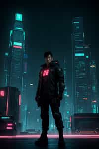 cyberpunk man with futuristic cyberpunk neon clothes standing in cyberpunk city with neon lights city on Mars in future, neon billboards, skyscrapers