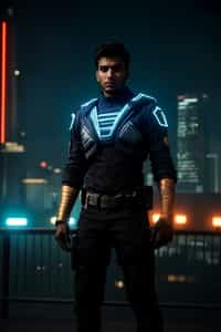 cosplayer man in a cyberpunk outfit, posing against the backdrop of bright city lights