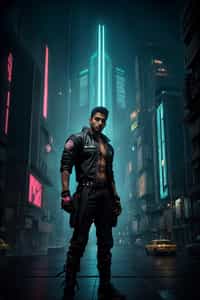cyberpunk man with futuristic cyberpunk neon clothes standing in cyberpunk city with neon lights city on Mars in future, neon billboards, skyscrapers