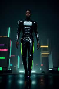 man wearing  holographic t-shirt and cybernetic trousers in a neon-lit Bladerunner-inspired cityscape