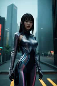 woman wearing holographic bodycon dress  in a cybernetic cityscape