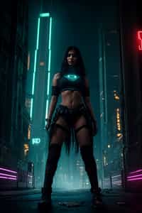 cyberpunk woman with futuristic cyberpunk neon clothes standing in cyberpunk city with neon lights city on Mars in future, neon billboards, skyscrapers