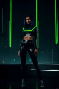 woman wearing sleek leather pants with neon highlights and holographic top in a Bladerunner-inspired cityscape