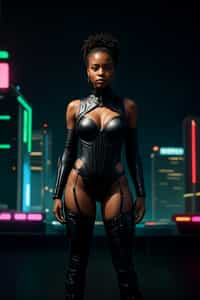 cosplayer woman in a cyberpunk outfit, posing against the backdrop of bright city lights