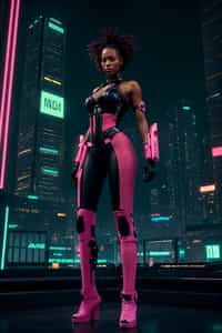 cyberpunk woman with futuristic cyberpunk neon clothes standing in cyberpunk city with neon lights city on Mars in future, neon billboards, skyscrapers