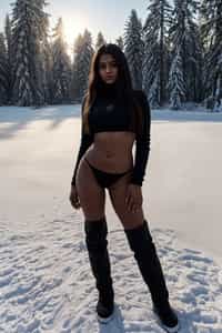 full body shot of hot black bikini woman standing posing in the snow, (standing in snow), shiny snow surface, slim waist, long straightened hair, snow drops everywhere flying, wearing snow boots, wearing moon boots