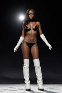 full body shot of hot woman wearing black bikini standing posing in the snow, (standing in snow), shiny snow surface, slim waist, long straightened hair, snow drops everywhere flying, wearing ( moon boots chanel boots)