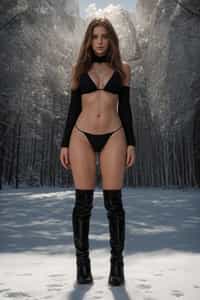 full body shot of hot woman wearing black bikini standing posing in the snow, (standing in snow), shiny snow surface, slim waist, long straightened hair, snow drops everywhere flying, wearing ( moon boots chanel boots)