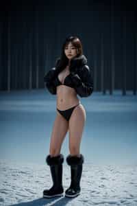 full body shot of hot black bikini woman standing posing in the snow, (standing in snow), shiny snow surface, slim waist, long straightened hair, snow drops everywhere flying, wearing snow boots, wearing moon boots