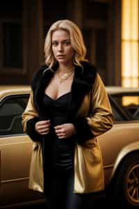 beautiful woman as a mobster, mafia, mafia outfit, faux fur coats, chunky gold jewelry, mafia aesthetic, flashy, glamorous, luxury, loud, Goodfellas, The Sopranos, Mob Wives, opulence, confidence