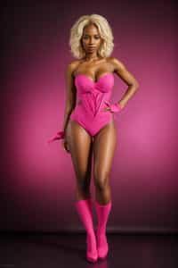 full body shot of sexy woman dressed up in full hot pink with Barbie clothes platinum blonde hair, hot pink style