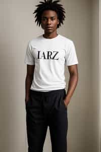 smiling man wearing  t-shirt and pants in try on fashion shoot for Zara Shein H&M